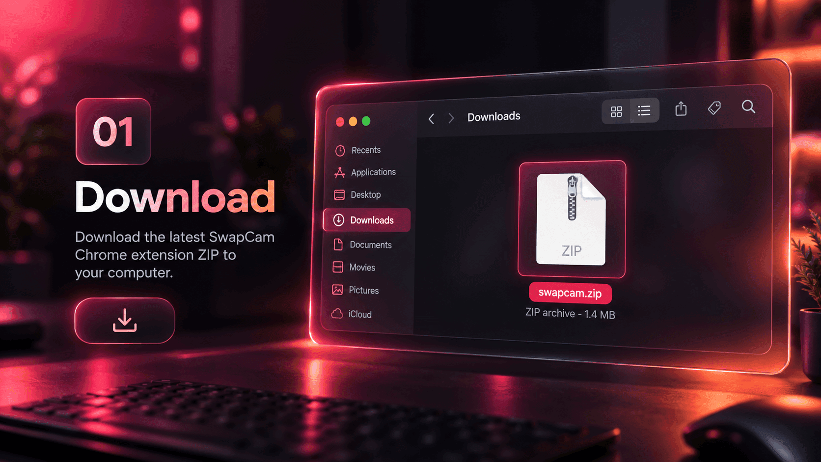 A file manager Downloads folder containing swapcam.zip
